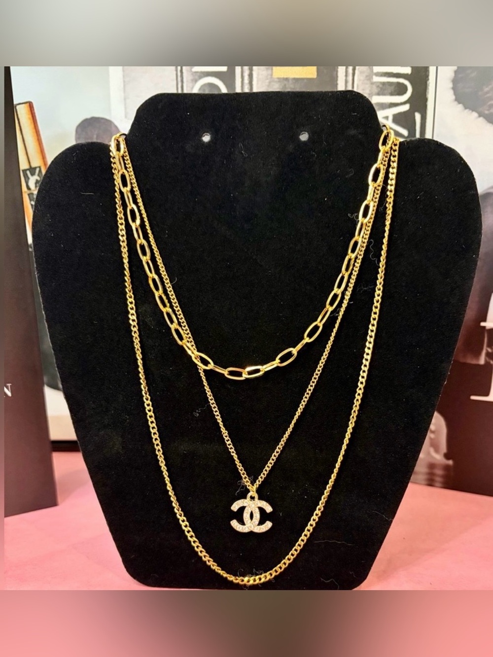 CHANEL Upcycled Gold-Tone Double CC Stamped 3-Tier Necklace 20" Longest Length